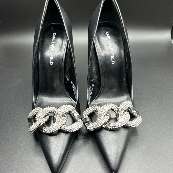 Karl Lagerfeld Shoes - Karl Lagerfeld Black Pointy Toe Stilettos w/Link Chain Design Over Toe